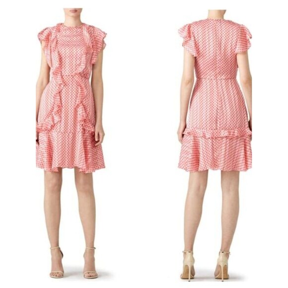 Monique Lhuillier Dresses & Skirts - Monique Lhullier Chiffon Mini Dress Pink w/ Red Polka Dots Retro Dainty Ruffles
